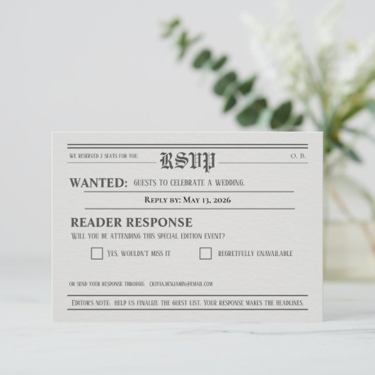 Newspaper-Style Wedding RSVP Response card (スタンド正面)