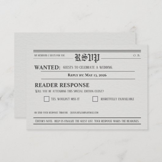 Newspaper-Style Wedding RSVP Response card (正面/裏面)