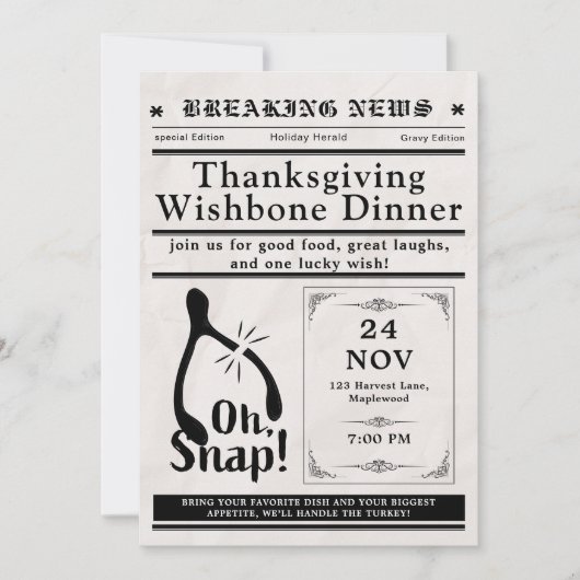 Newspaper Turkey Wishbone Thanksgiving Fall 招待状 (正面)
