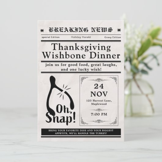 Newspaper Turkey Wishbone Thanksgiving Fall 招待状 (スタンド正面)