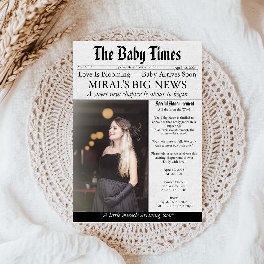 Newspaper Unique Fun Photo aesthetic Baby Shower 招待状