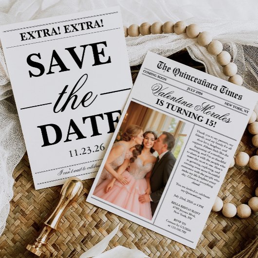 Newspaper Unique Fun Photo Quinceanera 招待状