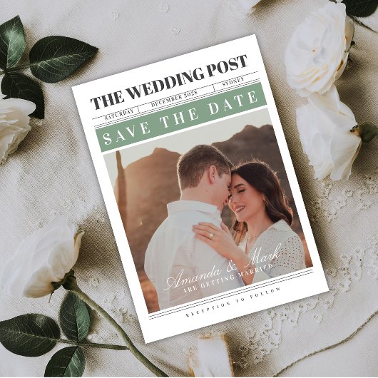 Newspaper Wedding Black and white Save the Date 招待状