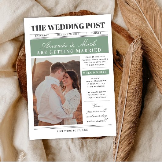 Newspaper Wedding Unique Fun Black and white 招待状