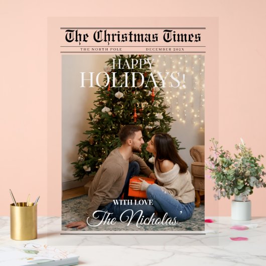Newspaper What A Year Black White Photo Christmas アクリルサイン (ウェディング)