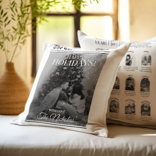 Newspaper What A Year Black White Photo Christmas クッション