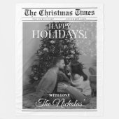 Newspaper What A Year Black White Photo Christmas フリースブランケット (正面)