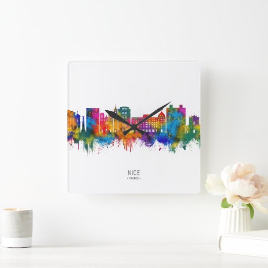 Nice France Skyline スクエア壁時計 (ホーム)