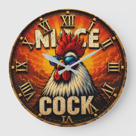 Nice Funny Rooster Rustic Farmhouse Chicken ラージ壁時計 (正面)