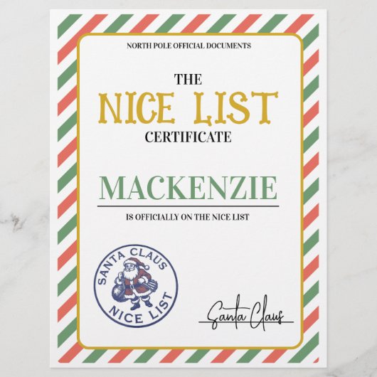Nice List Certificate Signed by Santa Personalized (正面)