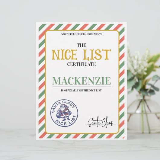 Nice List Certificate Signed by Santa Personalized (スタンド正面)