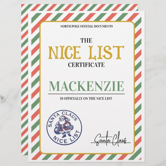 Nice List Certificate Signed by Santa Personalized (正面/裏面)