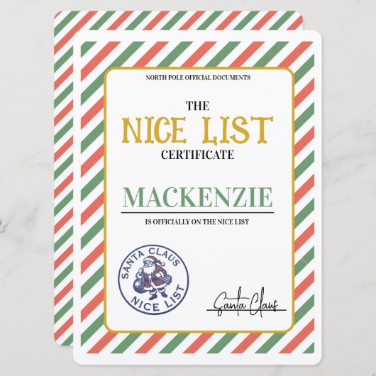 Nice List Certificate Signed by Santa Personalized シーズンカード (正面/裏面)