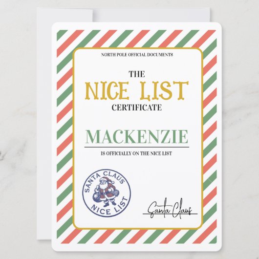 Nice List Certificate Signed by Santa Personalized シーズンカード (正面)