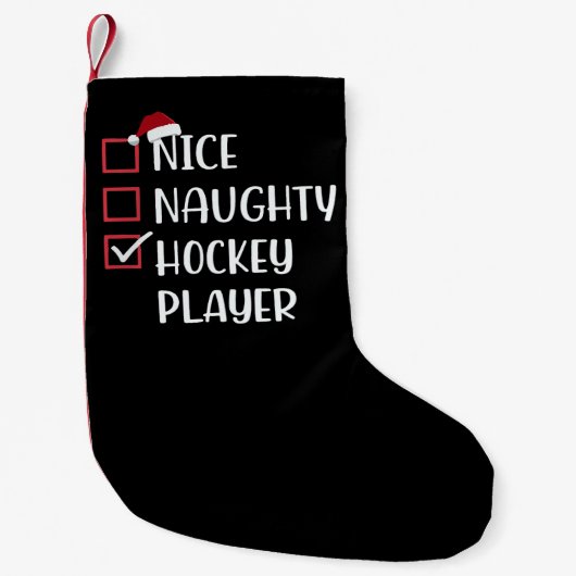 Nice Naughty Hockey Player Sports Lover Santa スモールクリスマスストッキング (正面)