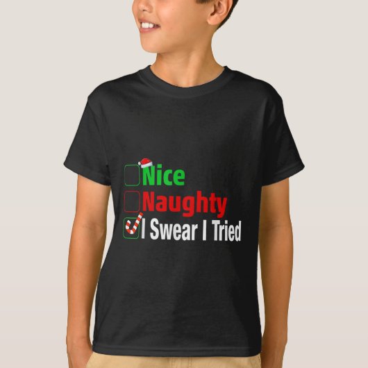 Nice Naughty I Swear I Tried Funny Christmas Tシャツ (正面)