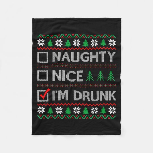 Nice Naughty I'm Drunk Checklist Ugly Christmas Sw フリースブランケット (正面)