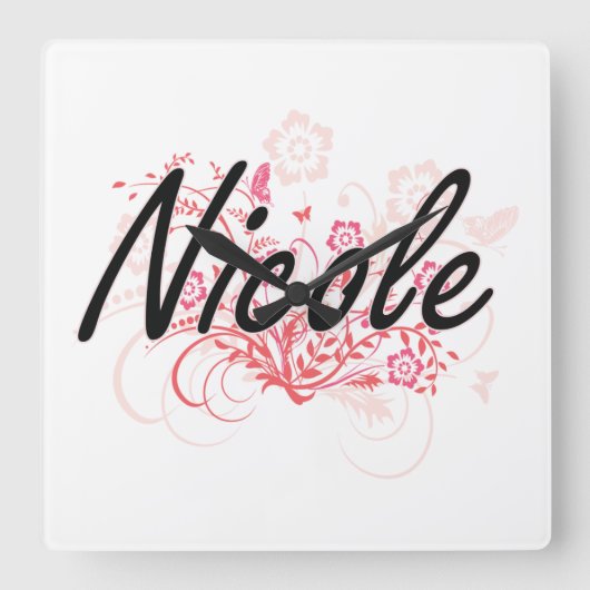 Nicole Artistic Name Design with Flowers スクエア壁時計 (正面)
