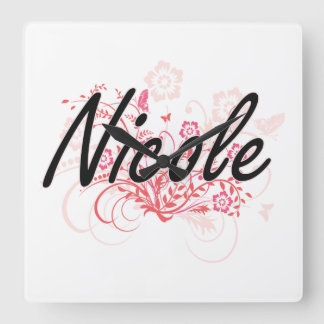 Nicole Artistic Name Design with Flowers スクエア壁時計