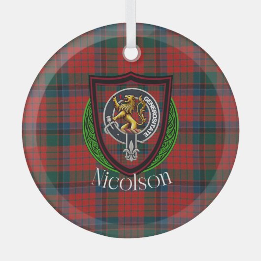 Nicolson Scottish Clan Tartan & Crest ガラスオーナメント (正面)