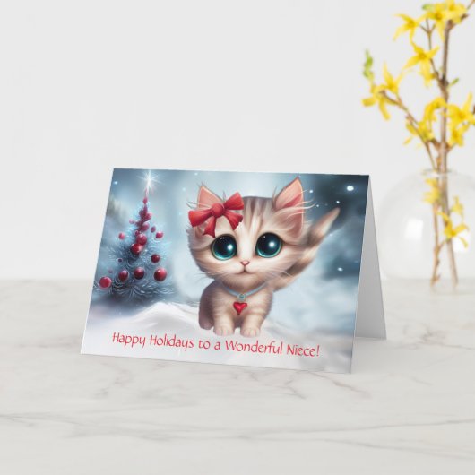Niece Christmas Holiday Cute Kitten Cat with Bow  カード (黄色い花)