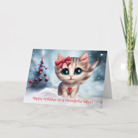 Niece Christmas Holiday Cute Kitten Cat with Bow  カード (正面)
