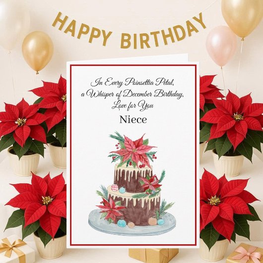 Niece December Birthday Cake Poinsettias カード