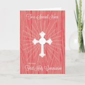Niece First Communion Cross and Rays on Pink Wood カード (正面)