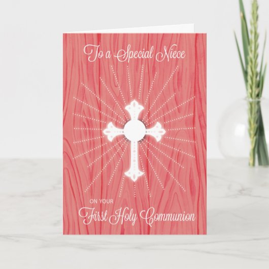 Niece First Communion Cross and Rays on Pink Wood カード (正面)