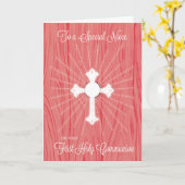Niece First Communion Cross and Rays on Pink Wood カード (黄色い花)