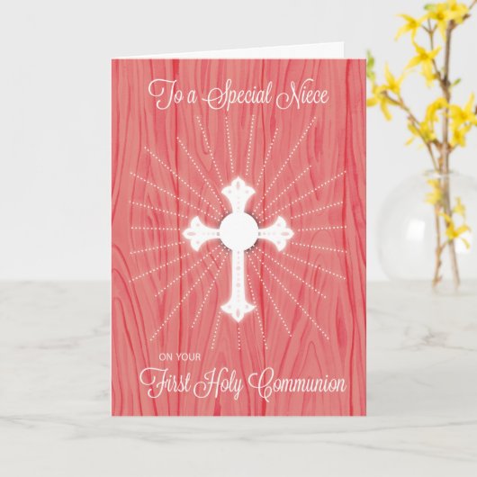 Niece First Communion Cross and Rays on Pink Wood カード (黄色い花)