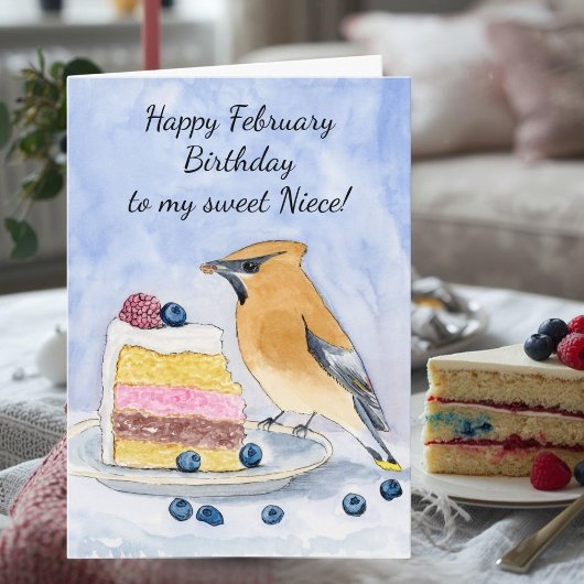 Niece Happy February Birthday Cedar Waxwing カード