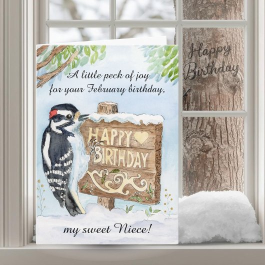 Niece Happy February Birthday Woodpecker カード