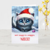 Niece Happy Holidays Cute Kitten Christmas カード (黄色い花)
