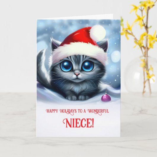 Niece Happy Holidays Cute Kitten Christmas カード (黄色い花)