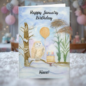Niece Happy January Birthday Owl Cake カード