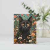 niedliche Illustration schwarze Katze mit Blumen ポストカード (スタンド正面)