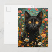 niedliche Illustration schwarze Katze mit Blumen ポストカード (正面/裏面)
