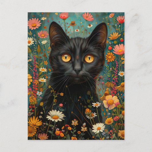 niedliche Illustration schwarze Katze mit Blumen ポストカード (正面)