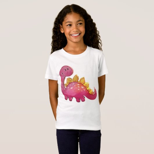 Niedlicher Rosa Dinosaurier Relief 3D-Look Mädchen Tシャツ (正面フル)