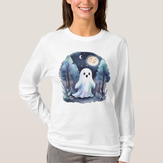 Niedliches Gespenst Geist im Wald Longsleeve  Tシャツ (正面)