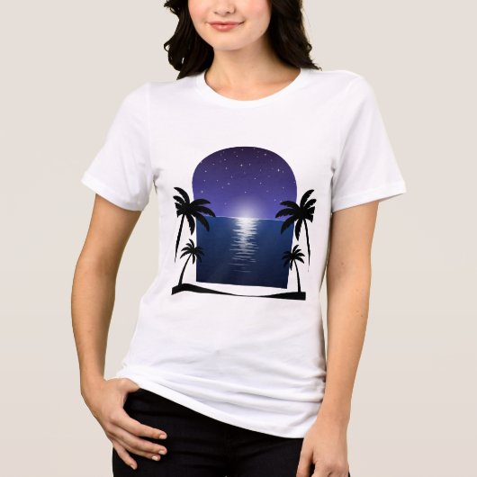 Night Beach – Moonlit Palm Reflection T-Shirt トライブレンドＴシャツ (正面)