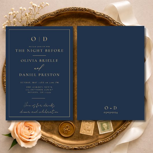Night Before Rehearsal Dinner Navy Blue Gold 招待状