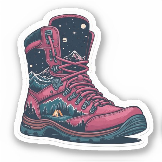 Night Camping Pink Hiking Boot Sticker | Die-Cut シール (正面)