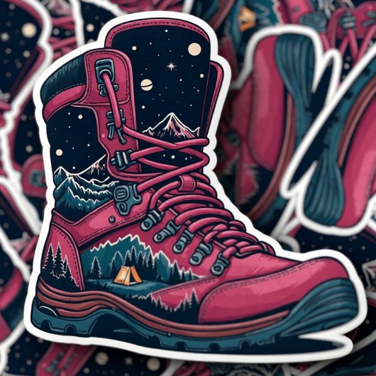 Night Camping Pink Hiking Boot Sticker | Die-Cut シール