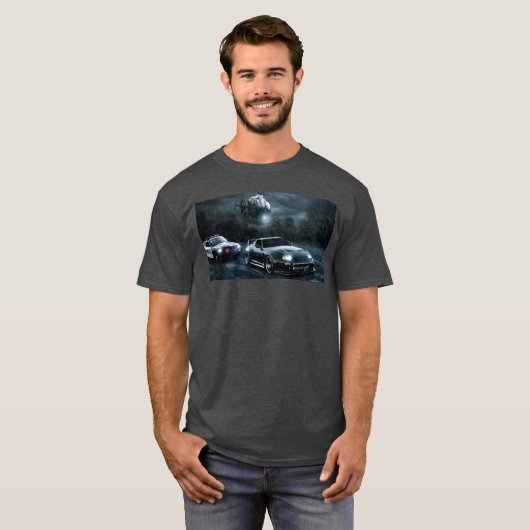 Night Chase with Speeding Sports Car retro Tシャツ (正面フル)