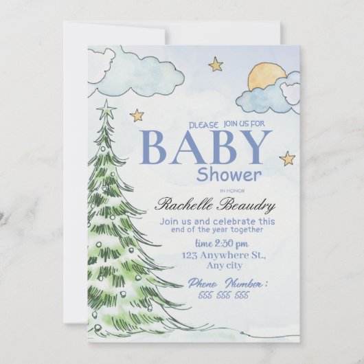 Night Christmas tree baby shower 招待状 (正面)