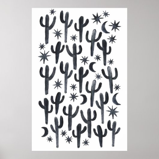 Night Desert Fun Cactus Indigo Pattern Watercolor ポスター (正面)