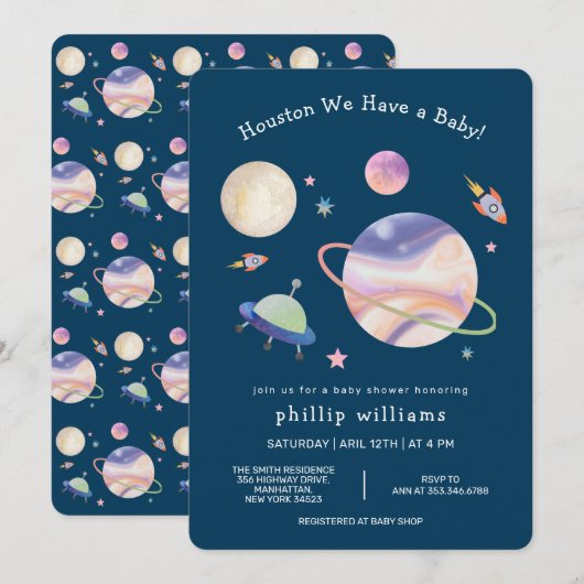 Night Green Galaxy Space Moon Star Baby Shower 招待状 (正面/裏面)