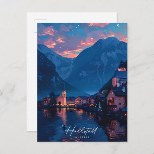 Night in Hallstatt Austria Vintage Travel ポストカード (正面/裏面)